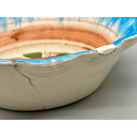 Vintage 6" Oaxacan Drip Ware Fluted Bowl Orange Blue Stripe Flower Hand-Painted - Picture 5 of 6